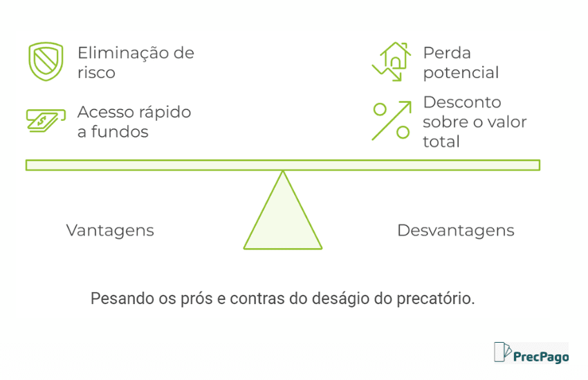Ilustração da PrecPago sobre vantagens e desvantagens do deságio em precatórios