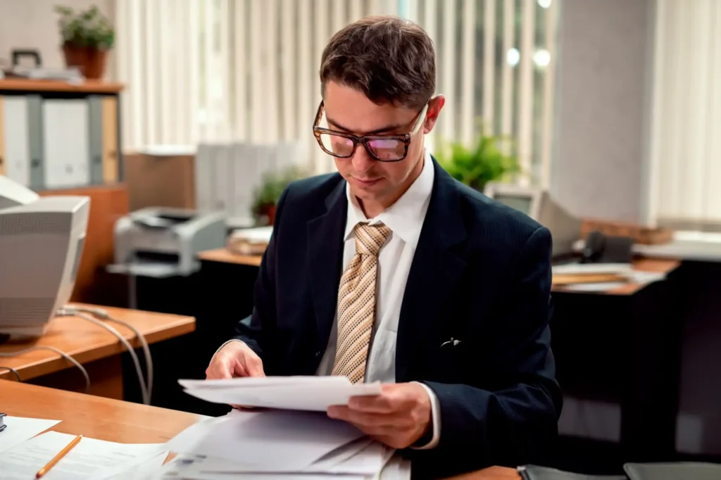 Homem de terno revisando documento relacionado a carta precatória em escritório de advocacia. Ambiente de trabalho organizado, ideal para processos jurídicos.